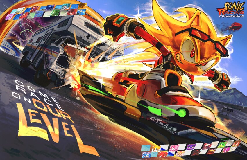 1boy absurdres black_gloves clenched_hands eyewear_on_head gloves hat highres hoverboard jacket kornart mario mario_(series) motor_vehicle nintendo portal_(object) red-tinted_eyewear red_eyes red_hat red_jacket smirk solo sonic_(series) sonic_racing:_crossworlds sonic_the_hedgehog sunglasses super_sonic tinted_eyewear twitter_username unworn_hat unworn_headwear van