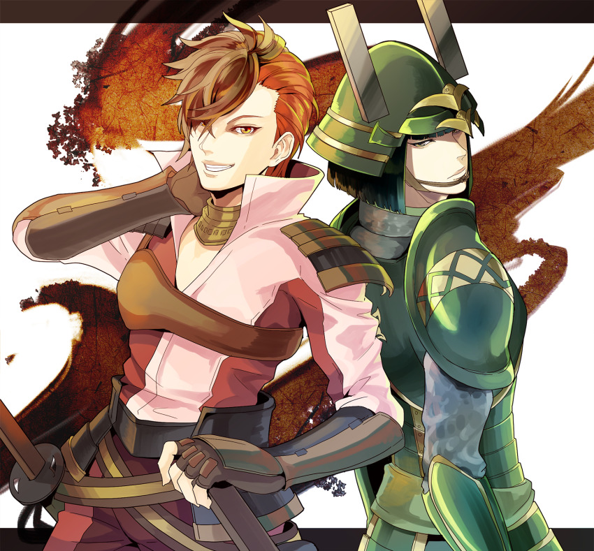 2boys :| armor black_hair blunt_bangs blunt_ends brown_gloves brown_hair closed_mouth cowboy_shot expressionless fingerless_gloves gloves green_eyes grin hair_over_one_eye hand_on_own_neck hand_rest helmet highres janis_(hainegom) japanese_armor kabuto_(helmet) letterboxed looking_at_viewer male_focus multicolored_hair multiple_boys orange_eyes outside_border red_hair sengoku_basara shibata_katsuie_(sengoku_basara) shima_sakon_(sengoku_basara) short_hair smile two-tone_hair