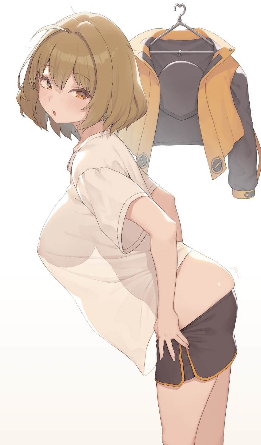 1girl absurdres anis_(nikke) ass black_shorts blush breasts brown_eyes brown_hair cloba from_side goddess_of_victory:_nikke highres jacket large_breasts looking_at_viewer looking_to_the_side open_mouth see-through_clothes see-through_shirt shirt short_hair short_sleeves shorts solo thighs undressing unworn_jacket white_shirt