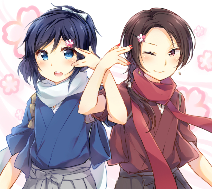 10s 2boys ;) black_hair blue_eyes brown_hair hair_ornament hairclip hazuki_(sutasuta) japanese_clothes kashuu_kiyomitsu locked_arms male_focus mole mole_under_eye mole_under_mouth multiple_boys nail_polish one_eye_closed open_mouth red_eyes red_nails scarf smile touken_ranbu touken_ranbu:_hanamaru yamato-no-kami_yasusada