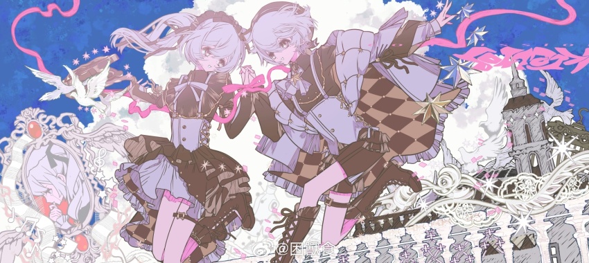 +_+ 1boy 1girl argyle_clothes argyle_jacket argyle_skirt ascot belt belt_buckle beret bird black_belt black_boots black_bow black_hairband black_hat black_shirt black_shorts blue_sky boots bow bowtie brooch brown_jacket brown_ribbon brown_skirt buckle chinese_commentary church cloud collared_shirt commentary_request commission dove floating_hair foot_out_of_frame footwear_ribbon frilled_footwear frilled_hairband frilled_jacket frilled_skirt frills gold_buckle grey_eyes hair_between_eyes hair_bow hairband hat high_collar highres holding_hands interlocked_fingers jacket jewelry knee_boots lace-up_boots layered_skirt layered_sleeves leg_up lihonghua314 long_sleeves looking_at_another miniskirt mirror original pen pleated_skirt puffy_long_sleeves puffy_sleeves ribbon running shirt short_hair shorts skirt sky smile star_brooch thigh_strap twintails two-sided_fabric two-sided_jacket two-sided_skirt watermark weibo_watermark white_ascot white_bow white_bowtie white_hair white_jacket white_skirt