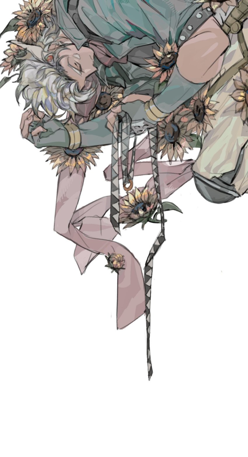 1boy alternate_hair_color battle_tendency blue_jacket caesar_anthonio_zeppeli closed_mouth commentary_request curled_fingers closed_eyes facial_hair feather_hair_ornament feathers fingerless_gloves flower gloves hair_ornament hand_up unworn_headband high_collar highres holding_headband jacket jewelry jojo_no_kimyou_na_bouken knee_pads male_focus pants pink_scarf ring scarf short_hair short_sleeves silver_hair solo sunflower suzuri513 triangle_print upside-down white_background white_pants