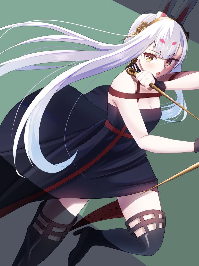 1girl animal_ears azur_lane boots cosplay dagger dress gold_hairband green_background hairband high_heel_boots high_heels highres holding holding_weapon knife long_hair rabbit_ears rabbit_girl shimakaze_(azur_lane) spy_x_family stiletto_(weapon) tako-san_wiener_(takosanuma) thigh_boots weapon yor_briar yor_briar_(cosplay)