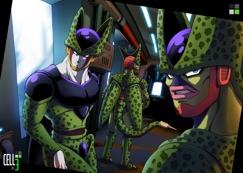 3boys blue_eyes cell_(dragon_ball) character_name closed_mouth colored_skin commentary_request dragon_ball dragonball_z grey_skin highres imperfect_cell indoors light_smile looking_back looking_to_the_side male_focus multiple_boys multiple_persona muscular naomi_(nplusn) parted_lips perfect_cell pink_lips red_eyes semi-perfect_cell tail teeth watermark wings