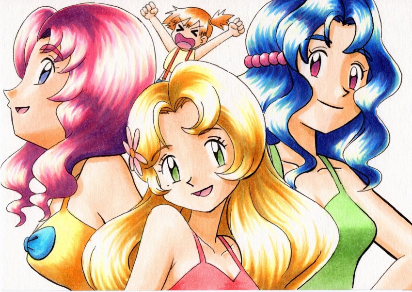 &gt;_&lt; 4girls arms_up bare_arms blonde_hair blue_bow blue_hair bow clenched_hands closed_mouth collarbone commentary_request daisy_(pokemon) eyelashes green_eyes highres lily_(pokemon) lily_(pokemon_classic_anime) long_hair misty_(pokemon) multiple_girls nintendo oka_mochi one_side_up open_mouth orange_hair pink_hair pokemon pokemon_(anime) pokemon_(classic_anime) purple_eyes shirt short_hair shorts siblings sisters sleeveless sleeveless_shirt smile suspenders tongue traditional_media violet_(pokemon) white_background yellow_shirt