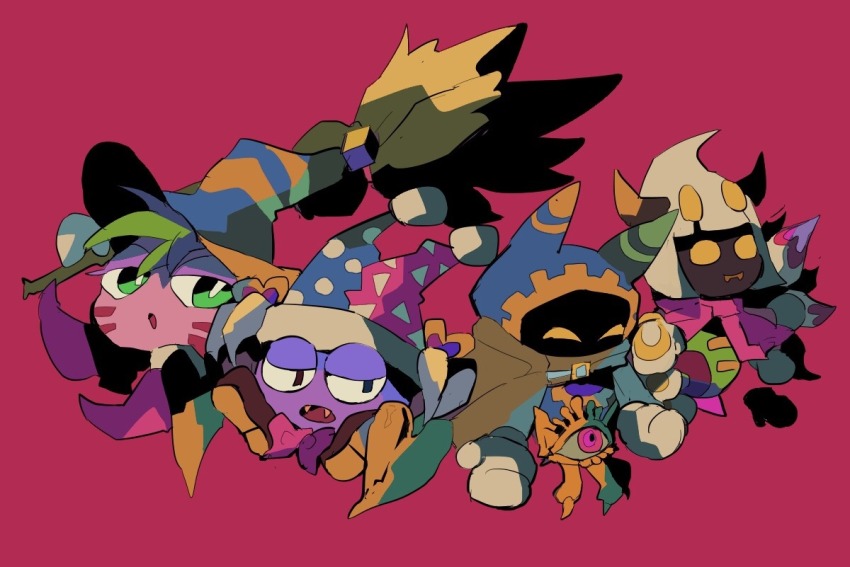 green_hair gryll_(kirby) hat hood horns jester_cap kirby&#039;s_return_to_dream_land kirby&#039;s_star_stacker kirby:_triple_deluxe kirby_(series) kirby_super_star magolor marx_(kirby) nintendo red_background robe soumenhiyamugi taranza white_hair witch_hat