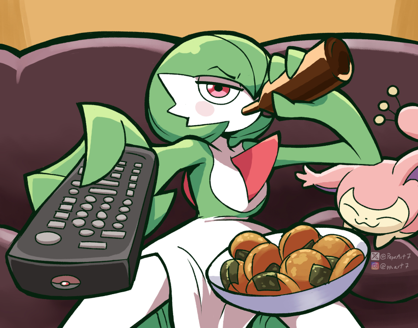 1girl artist_name bob_cut bottle bowl colored_skin controller couch dress drinking food gardevoir gen_3_pokemon green_hair green_skin hair_over_one_eye highres holding holding_bottle man_watching_tv_(meme) meme multicolored_skin nintendo on_couch pepeart7 pink_eyes pink_fur pokemon pokemon_(creature) remote_control sitting skitty two-tone_fur two-tone_skin white_dress white_skin