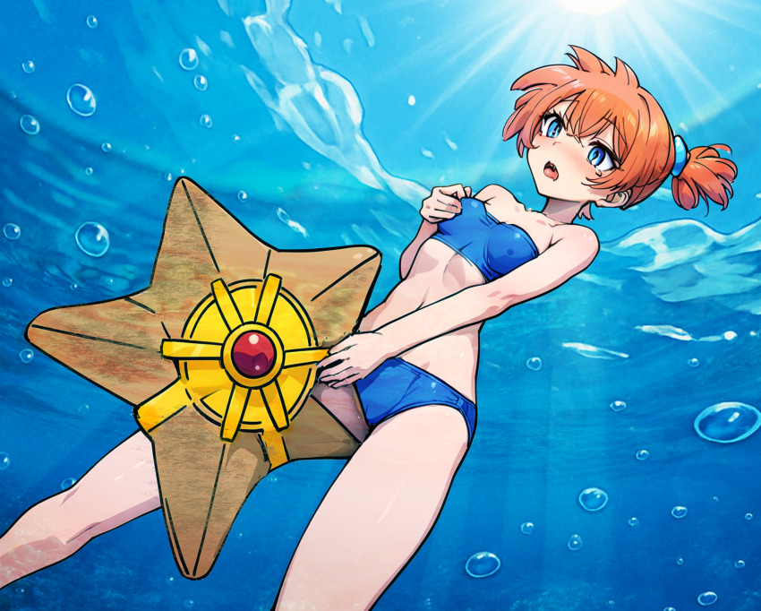 1girl absurdres air_bubble asymmetrical_hair bare_arms bare_legs bare_shoulders between_legs bikini blue_bikini blue_eyes blush breasts bubble crotch_rub female_focus female_masturbation gen_1_pokemon gym_leader hair_between_eyes highres legs light_rays masturbation masturbation_through_clothes misty_(pokemon) navel nintendo nipple_stimulation nipple_tweak one-piece_swimsuit open_mouth orange_hair pokemon pokemon_(anime) pokemon_(classic_anime) pokemon_rgby ponytail riding short_hair side_ponytail small_breasts solo staryu strapless strapless_bikini strapless_one-piece_swimsuit swimsuit teeth thighs tongue underwater water