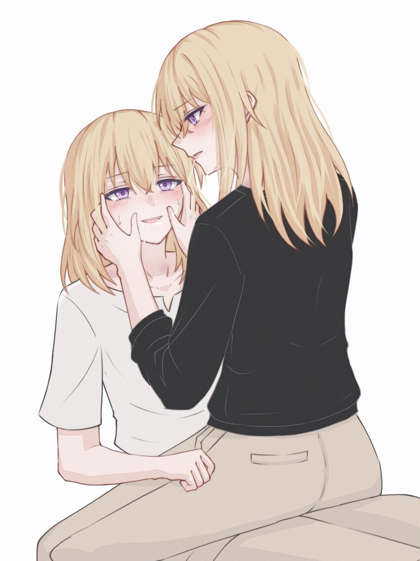 2girls absurdres bang_dream! bang_dream!_it&#039;s_mygo!!!!! black_shirt blonde_hair blush brown_skirt commentary firman_acker half-siblings hands_on_another&#039;s_face hashtag-only_commentary highres incest long_sleeves medium_hair misumi_uika misumi_uika&#039;s_sister multiple_girls parted_lips purple_eyes saliva saliva_trail shirt short_sleeves simple_background skirt spoilers white_background white_shirt yuri