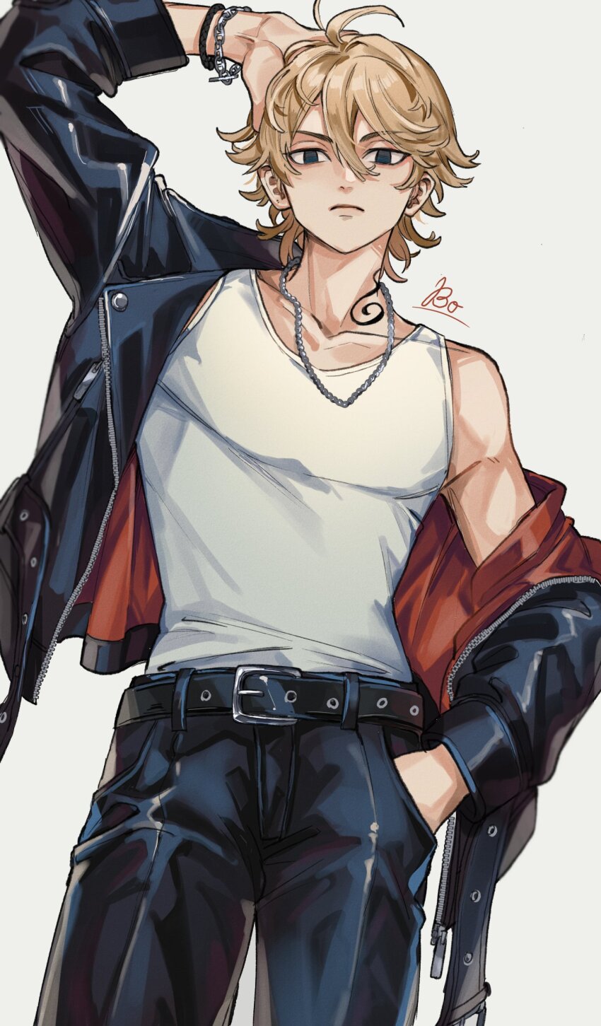 1boy belt black_belt black_eyes black_jacket black_pants blonde_hair bo_1125359 bracelet dragon_tattoo empty_eyes highres jacket jewelry long_sleeves looking_at_viewer male_focus neck_tattoo official_alternate_hairstyle pants sano_manjirou short_hair tattoo tokyo_revengers undershirt white_undershirt
