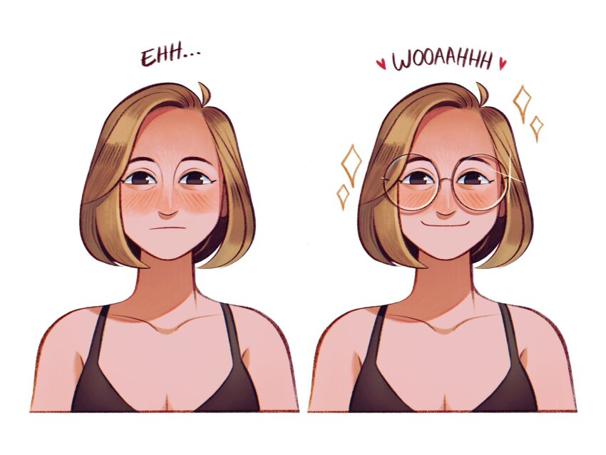 1girl bare_shoulders black_eyes blush breasts brown_hair cleavage closed_mouth commentary cropped_torso english_commentary english_text expressionless multiple_expressions forehead friedbaens glasses glint heart highres looking_at_viewer multiple_views nose nose_blush original oversized_eyewear round_eyewear short_hair simple_background smile sparkle upper_body variations white_background