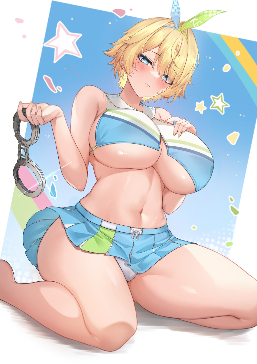 1girl absurdres aged_up blonde_hair blue_eyes blue_skirt blush breasts cheerleader closed_mouth crop_top cuffs deogho_(liujinzy9854) girls&#039;_frontline girls&#039;_frontline_2:_exilium grey_panties handcuffs highres holding holding_handcuffs huge_breasts large_breasts linea_alba looking_at_viewer microskirt mole mole_under_eye navel nikketa_(girls&#039;_frontline_2) panties short_hair skirt solo stomach thighs underwear vsk-94_(dance_like_the_blazing_sun)_(girls&#039;_frontline) vsk-94_(girls&#039;_frontline) white_panties