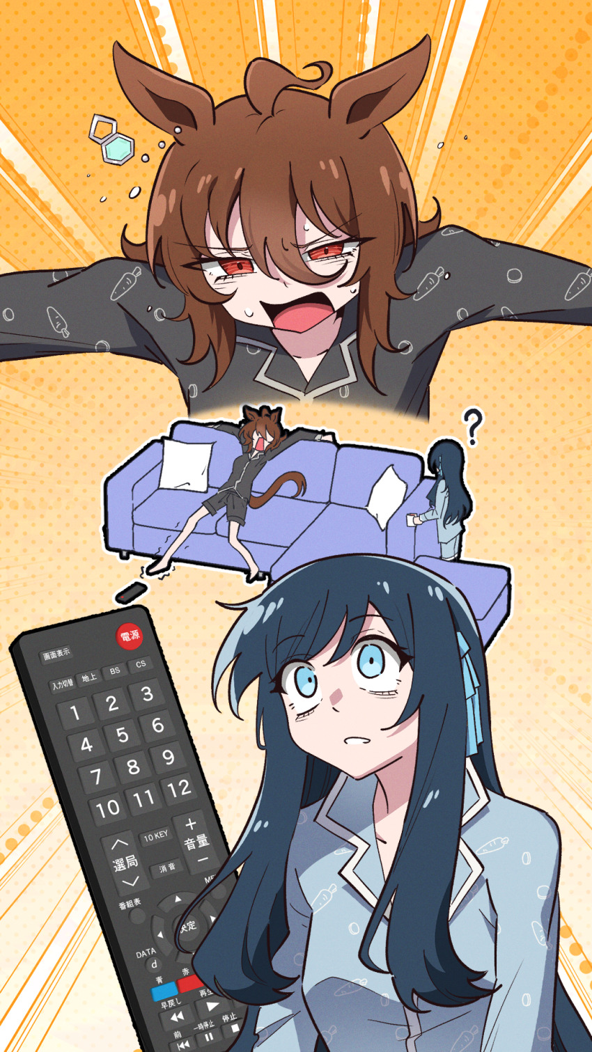 2girls ? agnes_tachyon&#039;s_trainer agnes_tachyon_(umamusume) ahoge arm_rest barefoot black_pajamas blue_eyes blue_hair blue_pajamas blue_ribbon brown_hair carrot_print chemical_structure commentary_request controller couch ear_ornament female_trainer_(umamusume) film_grain food_print hair_ribbon highres horse_girl korean_commentary lapels layer_(layer_illust) lazy long_hair motion_lines multiple_girls multiple_views on_couch orange_background pajamas pillow polka_dot polka_dot_background red_eyes remote_control ribbon sitting standing struggling sweat trainer_(umamusume) trembling umamusume upper_body v-shaped_eyebrows