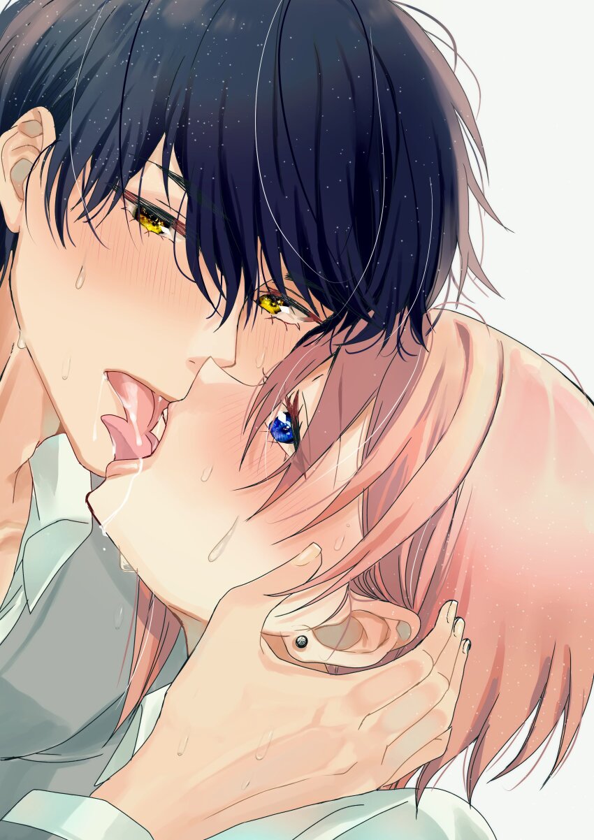 1boy 1girl absurdres black_hair blue_eyes blush close-up earrings french_kiss go-toubun_no_hanayome hair_behind_ear hand_on_another&#039;s_head hetero highres jewelry kiss looking_at_another nakano_ichika nununu_(nununu386) pink_hair profile saliva short_hair tongue tongue_out uesugi_fuutarou wet yellow_eyes