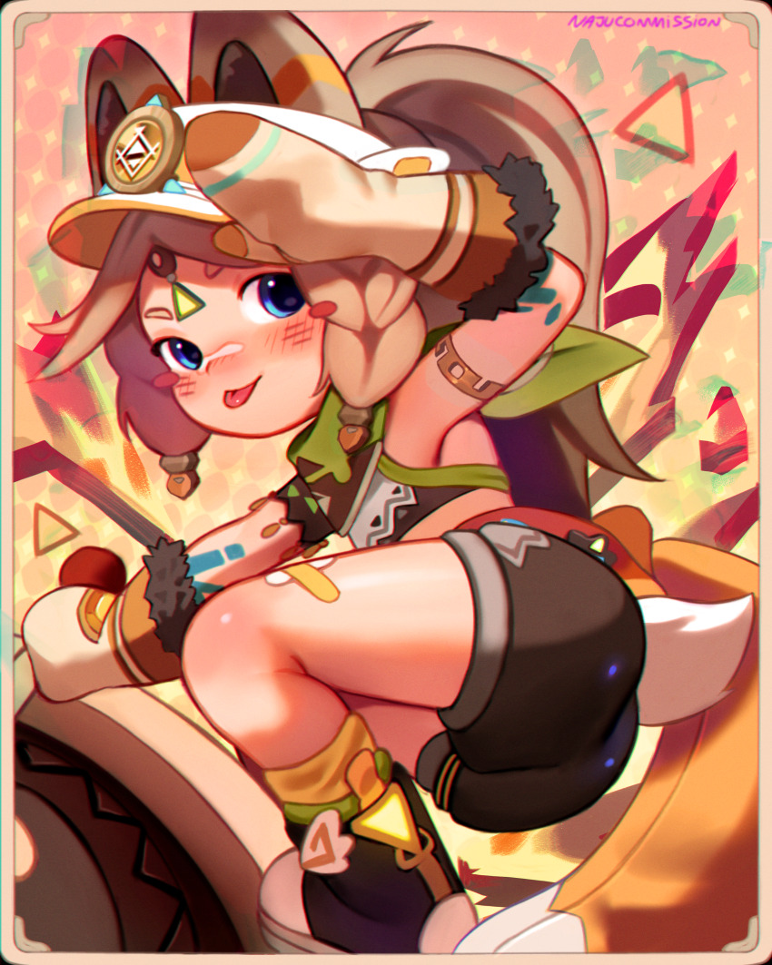 1girl absurdres argyle_background arm_up armlet armpits ass bandana bandana_around_neck black_footwear black_shorts blue_eyes blush blush_stickers braid brown_hair brown_mittens chinchilla_ears chinchilla_girl chinchilla_tail crop_top fur-trimmed_mittens fur_trim genshin_impact green_bandana high_ponytail highres jewelry kachina_(genshin_impact) long_hair mittens najucaju_naju parted_bangs pika_ears pika_girl ponytail salute shorts smile tongue tongue_out twin_braids visor_cap white_visor