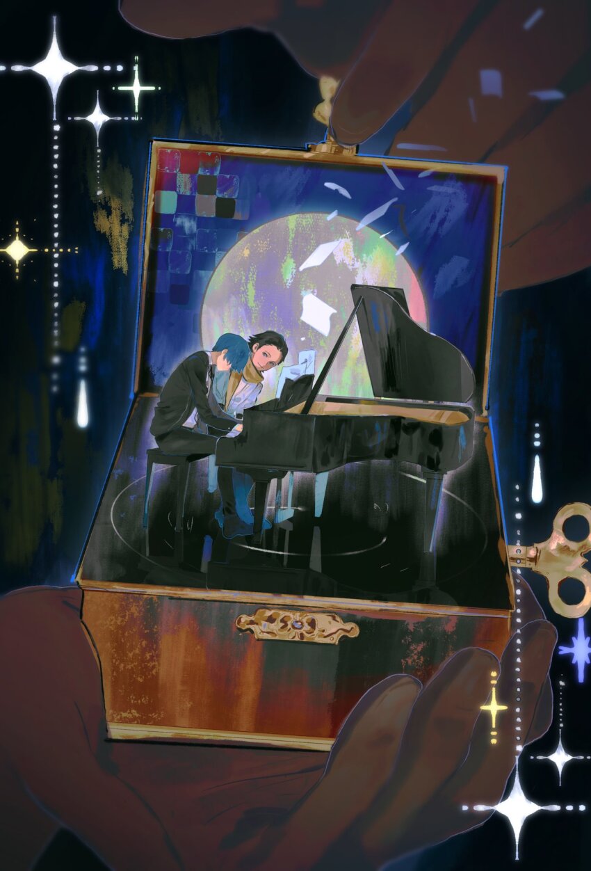 2boys achai_dong black_hair black_jacket black_pants blue_hair blue_sky blurry blurry_background full_moon grand_piano hair_between_eyes hair_slicked_back head_tilt highres holding instrument jacket looking_at_another looking_at_object mochizuki_ryouji moon multiple_boys music music_box pants persona persona_3 piano playing_instrument playing_piano scarf school_uniform sheet_music shirt sitting sky white_shirt yellow_scarf yuuki_makoto_(persona_3)