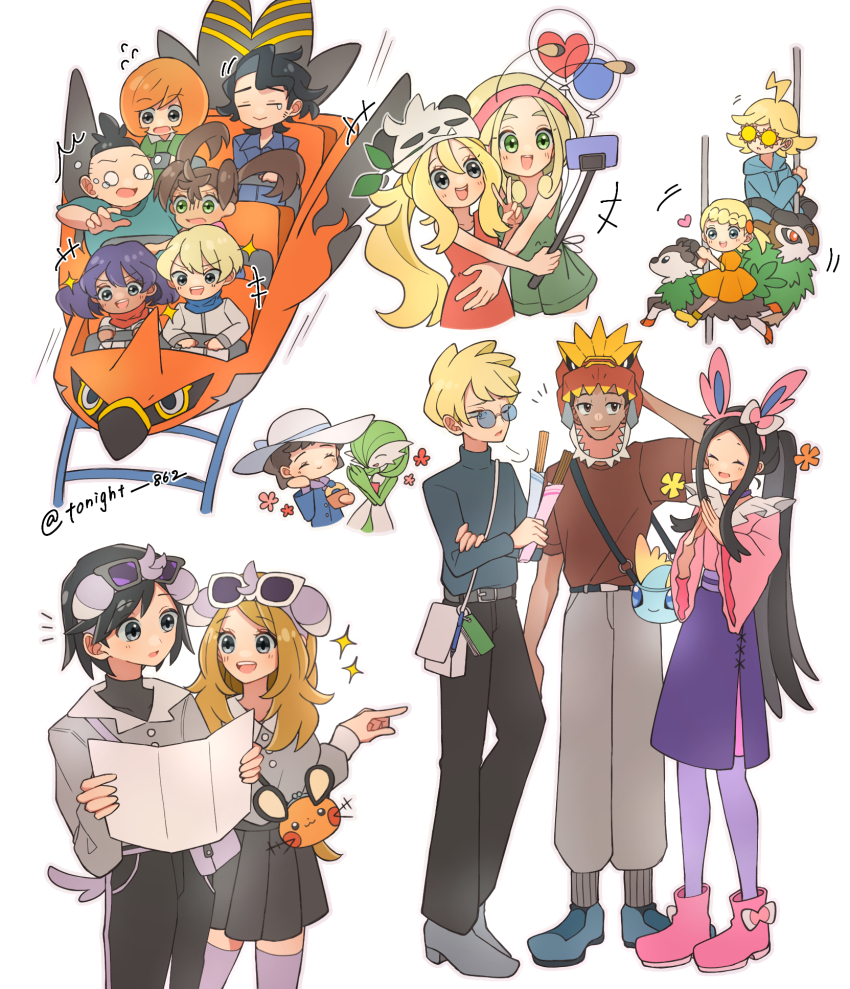 6+boys 6+girls ahoge alternate_costume augustine_sycamore black_hair blonde_hair blue_eyes bonnie_(pokemon) brown_hair calem_(pokemon) character_hat clemont_(pokemon) closed_eyes dark-skinned_female dark-skinned_male dark_skin dexio_(pokemon) diantha_(pokemon) eyewear_on_head fake_antennae fake_tail flying_sweatdrops game_freak gardevoir gen_3_pokemon gen_6_pokemon gogoat grant_(pokemon) green_eyes hat heart highres holding holding_map long_hair looking_at_another map multiple_boys multiple_girls multiple_views nintendo pangoro pokemon pokemon_(creature) pokemon_xy rain_(tonight_862) roller_coaster round_eyewear selfie_stick serena_(pokemon) shauna_(pokemon) siebold_(pokemon) sina_(pokemon) skiddo standing sweater tail talonflame tierno_(pokemon) trevor_(pokemon) turtleneck turtleneck_sweater tyrantrum v valerie_(pokemon) very_long_hair viola_(pokemon) white_hat