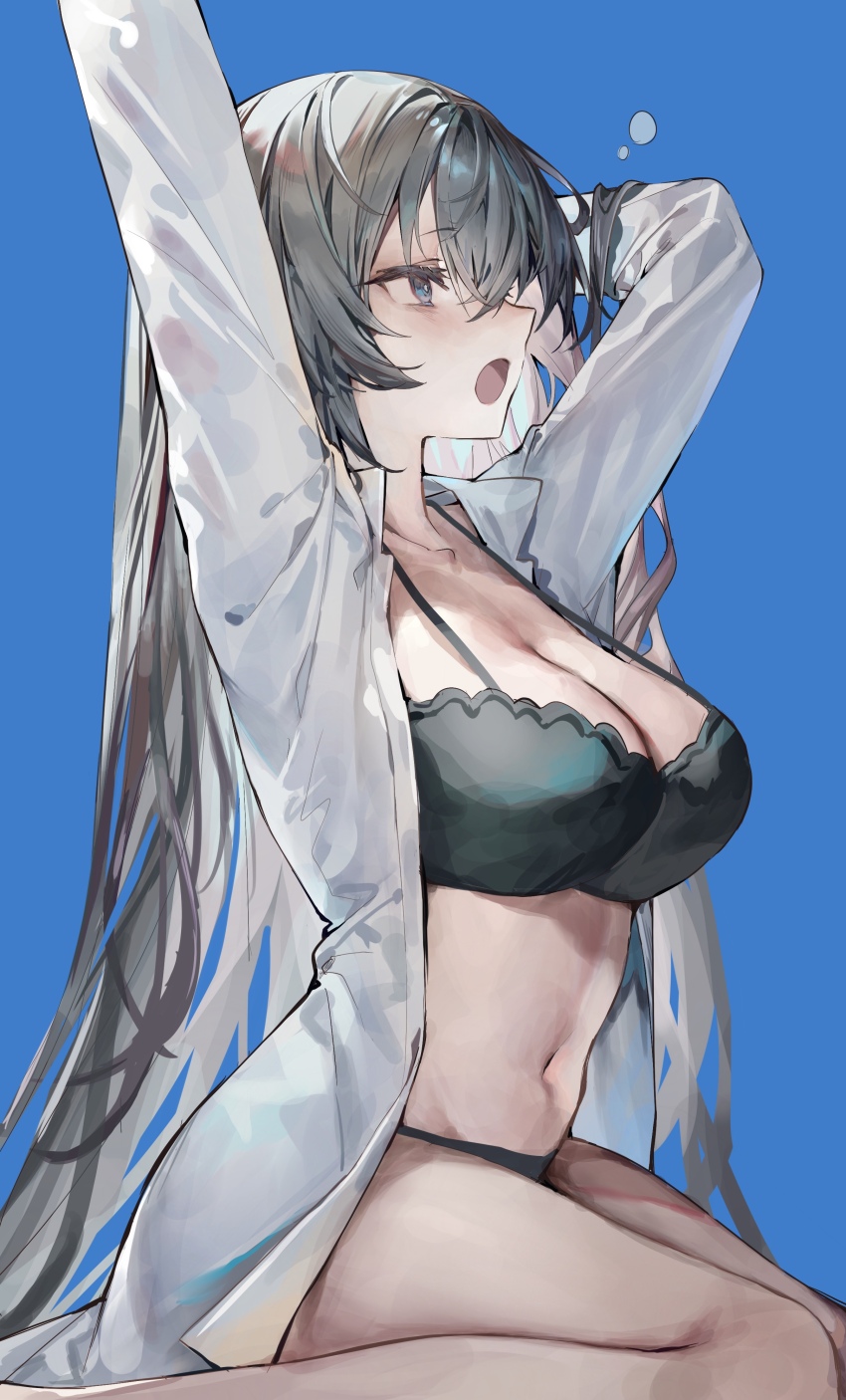 1girl absurdres black_bra black_hair black_panties blue_background blue_eyes bra breasts cleavage highres kabi_(zcwd8845) large_breasts long_hair navel open_clothes open_mouth open_shirt original panties shirt simple_background sitting thighs underwear white_shirt