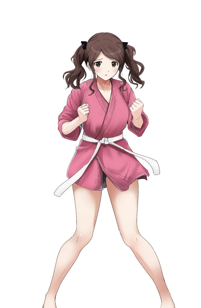 1girl amagami bare_legs barefoot black_ribbon blush breasts brown_eyes brown_hair clenched_hands collarbone dress embarrassed fighting_stance gyuunyuu_pack_(tanaka) hair_ribbon highres japanese_clothes judo kimono looking_at_viewer medium_breasts nakata_sae obi obijime pink_dress pink_kimono ribbon sash short_kimono sidelocks simple_background solo standing sweat sweater thighs twintails white_background