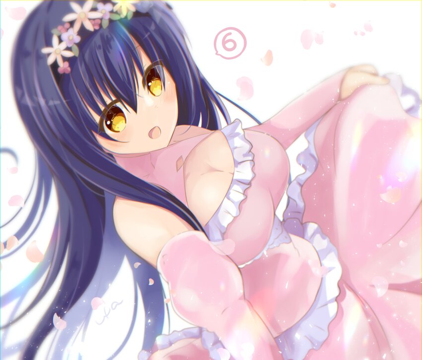 1girl :d absurdres alternate_costume bare_shoulders black_hair blush breasts cleavage cleavage_cutout clothing_cutout commentary_request cowboy_shot detached_sleeves dress dutch_angle episode_number eyes_visible_through_hair falling_petals floating_hair flower_wreath frilled_dress frills hair_between_eyes happy head_wreath highres juliet_sleeves kushima_kamome large_breasts long_hair long_sleeves looking_at_viewer open_mouth petals pink_dress puffy_sleeves signature simple_background skirt_hold sleeveless sleeveless_dress smile solo speech_bubble straight_hair summer_pockets ura_(ura-tennislove) very_long_hair white_background yellow_eyes