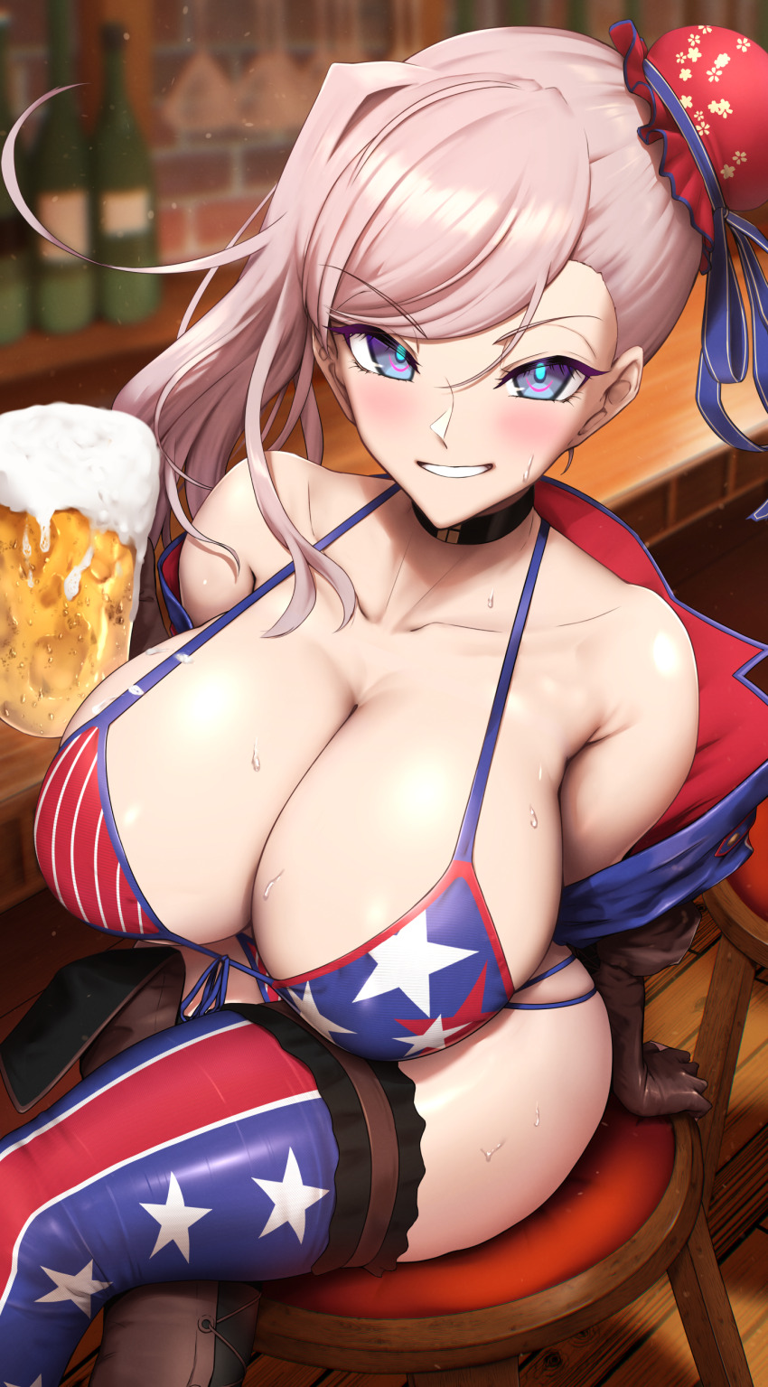 1girl absurdres alcohol american_flag american_flag_bikini american_flag_print asymmetrical_hair asymmetrical_legwear bar_(place) beer beer_mug bikini black_choker blue_eyes blurry blurry_background blush bottle breasts brown_gloves bun_cover chair choker cleavage collarbone crossed_legs cup fate/grand_order fate_(series) flag_print flag_print_bikini foam gloves grin highres huge_breasts mismatched_legwear miyamoto_musashi_(fate) miyamoto_musashi_(fate/grand_order) miyamoto_musashi_(swimsuit_berserker)_(fate) mug pink_hair print_bikini shiroshisu sitting smile solo strap_gap sweat swimsuit teeth thighhighs v-shaped_eyebrows