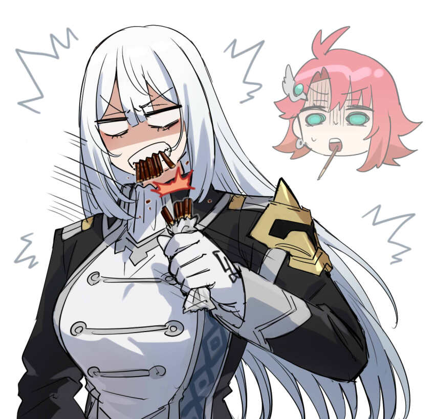 2girls ascot breasts clarice_von_ducale eating food food_in_mouth frost_von_galleria gakeppuchi_reijou_wa_kurokishi-sama_o_horesasetai gradient_hair green_eyes highres holding holding_food holding_pocky large_breasts long_hair long_sleeves mouth_hold multicolored_hair multiple_girls orange_hair pocky pocky_day pocky_in_mouth red_hair shirt somechime_(sometime1209) upper_body white_ascot white_hair wife_and_wife yuri