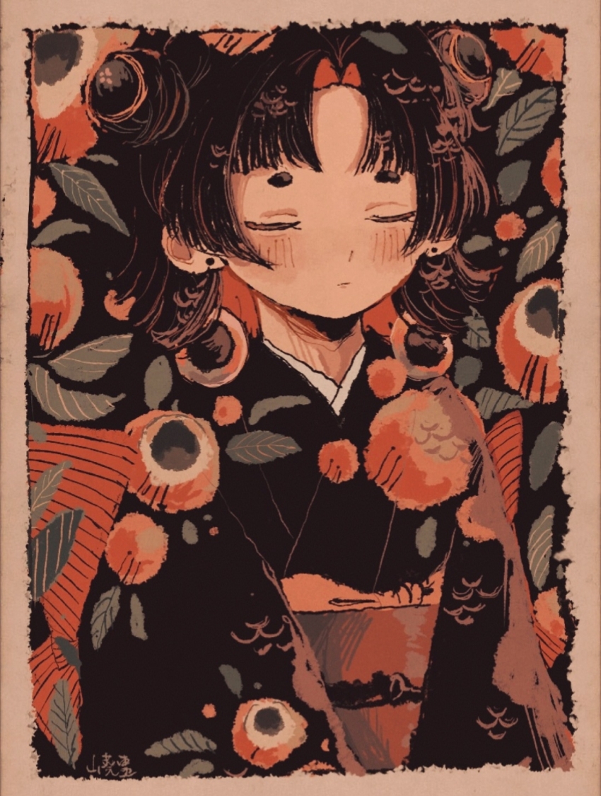 1girl abstract black_background black_hair black_kimono blunt_bangs border closed_eyes closed_mouth colored_inner_hair curtained_hair double_bun earrings expressionless flat_chest flipped_hair hair_bun highres japanese_clothes jewelry kimono leaf leaf_background leaf_print medium_hair middle_part multicolored_hair original print_kimono red_hair red_sash sash short_eyebrows stud_earrings u_u v_arms wasabi_natsume wide_sleeves yellow_border