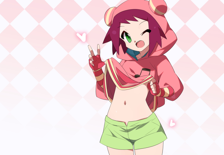 1girl checkered_background clothes_lift cowboy_shot fingerless_gloves gloves gradient_background green_shorts hood hoodie hoodie_lift kaidou_zx medium_hair mega_man_(series) mega_man_star_force_(series) musical_note musical_note_print navel one_eye_closed open_mouth pink_gloves pink_hoodie print_hoodie red_hair shirt_lift short_shorts shorts simple_background solo sonia_strumm_(mega_man) striped_clothes striped_gloves teeth two-tone_gloves upper_teeth_only yellow_gloves