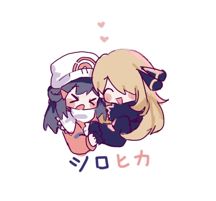 &gt;_&lt; 2girls beanie black_fur blonde_hair blue_hair blush_stickers chibi chibi_only closed_eyes coat commentary_request cynthia_(pokemon) dawn_(pokemon) fur-trimmed_coat fur_trim hair_over_one_eye happy hat heart highres hug long_hair multiple_girls nintendo open_mouth pink_coat pokemon pokemon_dppt pokemon_platinum scarf simple_background smile spoken_heart squs9u translation_request upper_body white_hat white_scarf yuri