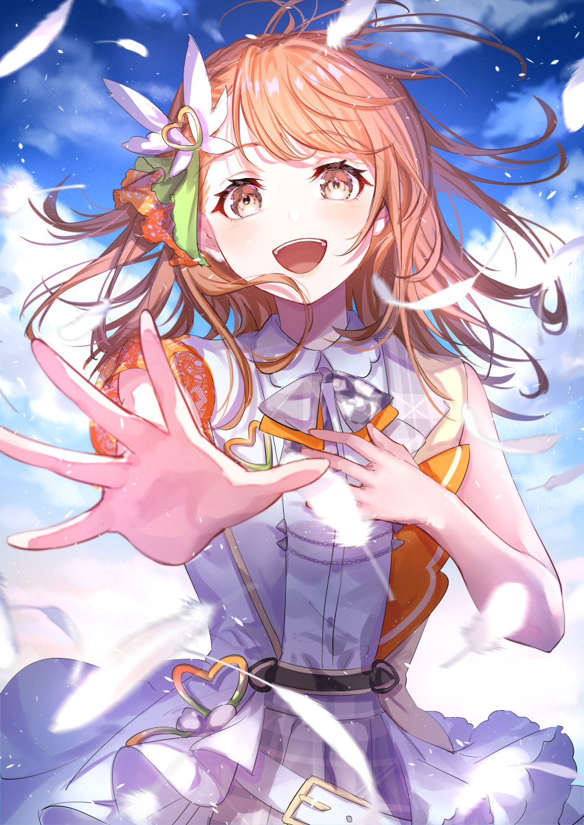 1girl absurdres armband bare_arms belt blue_sky brown_hair cape cloud cloudy_sky collared_shirt commentary_request day eye_reflection feathers floating_hair gold_trim grey_eyes grey_ribbon grey_skirt hair_ornament hanasato_minori hand_on_own_chest hand_up happy heart heart_hair_ornament highres lace light light_particles looking_at_viewer loose_belt medium_hair messy_hair motion_blur neck_ribbon official_alternate_costume open_mouth orange_ribbon outdoors outstretched_hand plaid_clothes plaid_ribbon plaid_skirt pleated_skirt project_sekai reflection ribbon shirt shirt_tucked_in single_vertical_stripe skirt sky solo sun sunlight swept_bangs tareme teeth todoke!_hopeful_stage_(project_sekai) two-tone_vest upper_teeth_only vest waist_cape white_belt white_cape white_feathers white_shirt white_vest wind wind_lift wing_collar wing_hair_ornament yuzuha_wasa