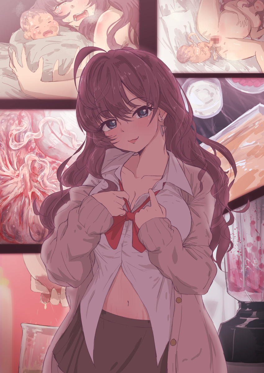 1girl absurdres ahoge auburn_hair baby blood blue_eyes blush breast_milking breasts carrying_baby carrying_person censored charybdo cherry cleavage cooking cowboy_shot crying crying_with_eyes_closed female_focus fetus food fruit giving_birth highres huge_filesize ichinose_shiki idolmaster idolmaster_cinderella_girls lactation large_breasts long_hair long_sleeves looking_at_viewer medium_breasts mosaic_censoring multiple_views navel nipples out_of_frame placenta postpartum pregnant school_uniform solo_focus stained_sheets stretch_marks tomawarinosuizou umbilical_cord yandere