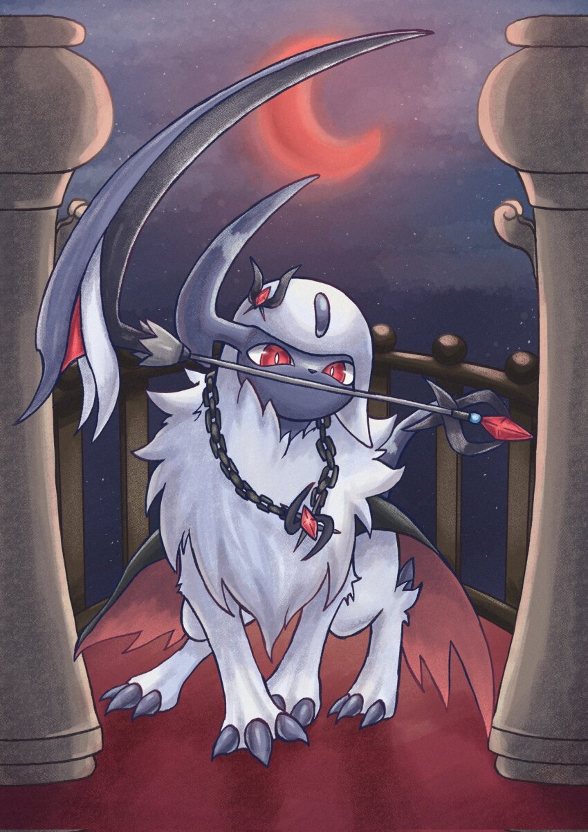 absol animal_focus bright_pupils chain claws crescent_moon forehead_jewel gen_3_pokemon highres horns moon night night_sky nintendo no_humans pokemon pokemon_(creature) red_eyes red_moon scythe single_horn sky soruva_359 star_(sky) tail weapon white_fur white_pupils