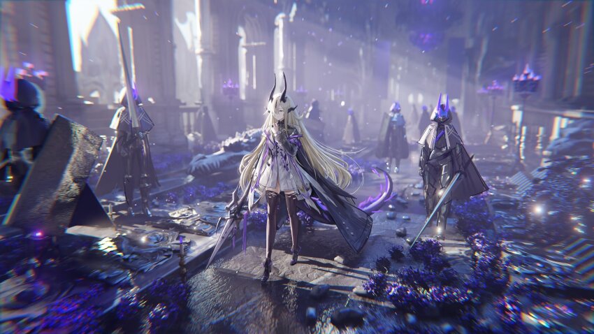 1girl 6+others :| arknights armband black_boots black_cape black_horns black_thighhighs blonde_hair blurry boots candle candlestand cape chromatic_aberration church closed_mouth depth_of_field dragon_girl dragon_horns dragon_tail dress expressionless fiery_tail fire fold-over_boots glint greatsword green_eyes hair_over_one_eye hand_on_own_chest highres holding holding_polearm holding_sword holding_weapon horns indoors jewelry light_particles long_hair multiple_horns multiple_others necrass_(arknights) polearm purple_armband purple_fire ring sc068 shadow short_dress solo_focus sword tail thighhighs torn_clothes torn_thighhighs weapon white_dress zettai_ryouiki