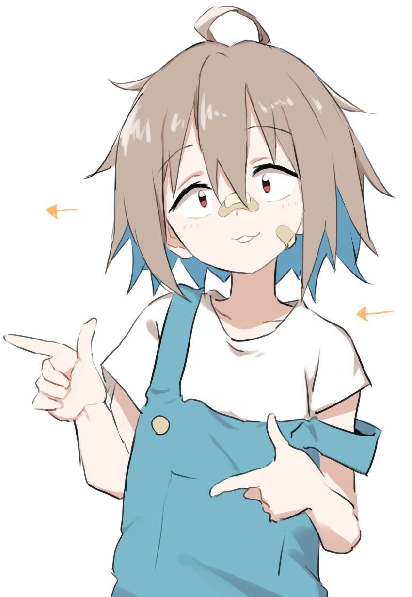 1girl :3 absurdres ahoge arrow_(symbol) bandaid bandaid_on_cheek bandaid_on_face bandaid_on_nose brown_hair commentary do_it_yourself!! double_finger_gun finger_gun gazacy_(dai) hair_between_eyes highres looking_at_viewer red_eyes shirt short_hair short_sleeves solo symbol-only_commentary white_shirt yua_serufu