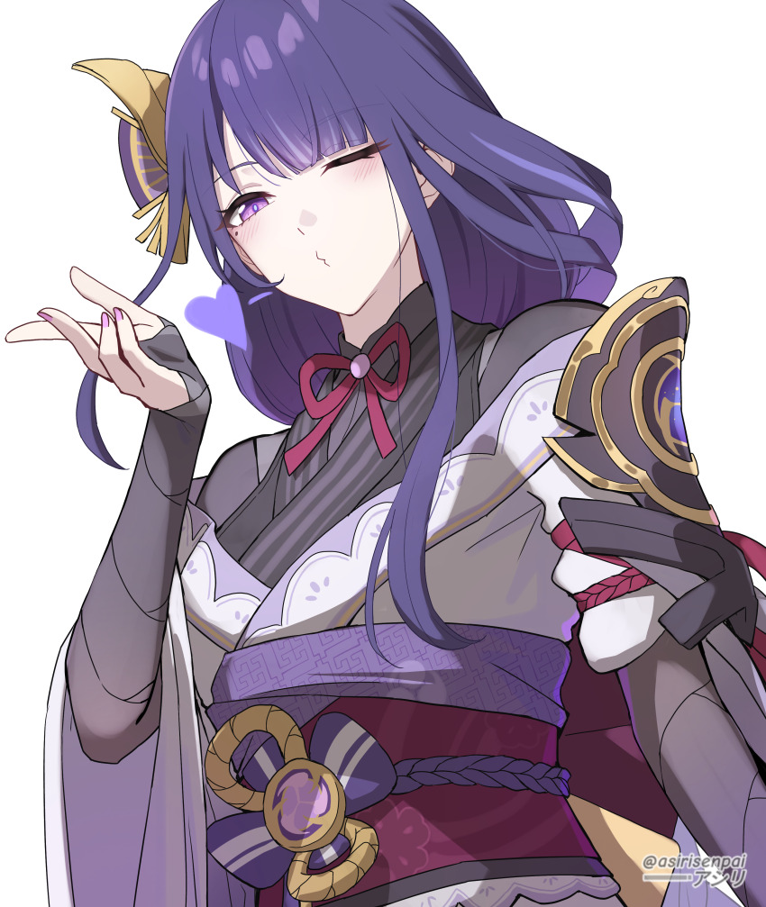 1girl absurdres adapted_costume armor asiri_senpai bad_id bad_pixiv_id blush bridal_gauntlets commentary genshin_impact hand_up heart highres japanese_clothes kimono long_hair looking_at_viewer nail_polish o3o obi off_shoulder pink_nails purple_eyes purple_hair raiden_shogun red_sash revision sash shoulder_armor simple_background solo upper_body white_background