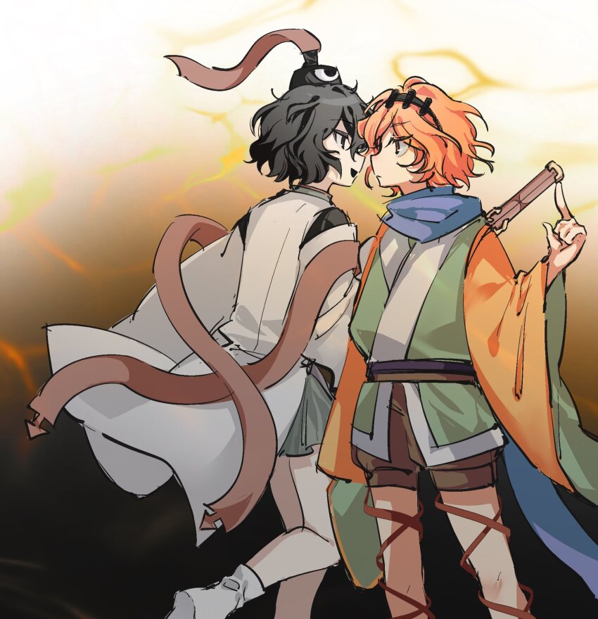 2others androgynous arrow_(symbol) belt black_eyes black_hair black_hairband black_hat black_kimono blue_scarf brown_belt brown_shorts chinese_commentary closed_mouth commentary_request detached_sleeves eye_of_senri green_hakama green_kimono hairband hakama hakama_short_skirt hakama_skirt hat highres japanese_clothes kariginu kimono leg_ribbon len&#039;en long_sleeves miniskirt multiple_others ofuda ofuda_on_clothes open_mouth orange_eyes orange_hair orange_sleeves other_focus red_ribbon ribbon scarf senri_tsurubami short_hair shorts skirt smile socks tate_eboshi two-sided_fabric two-sided_sleeves white_sleeves white_socks wide_sleeves xiao_ganju_nailuo zuifeng_tenkai