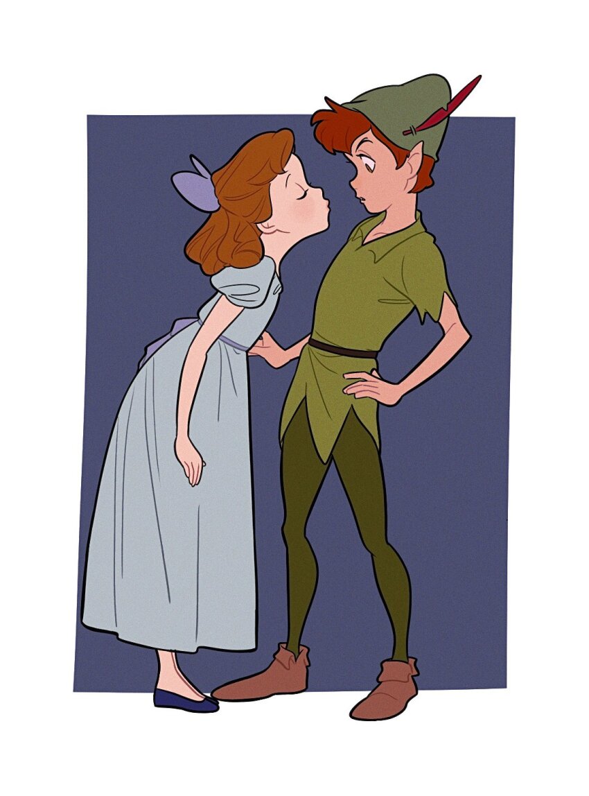 1boy 1girl blue_dress bow brown_hair dress green_dress green_shoes green_tunic hair_bow hat hat_feather highres pointy_ears pointy_hat shoes short_hair short_sleeves tunic uochandayo walt_disney&#039;s_peter_pan wendy_darling