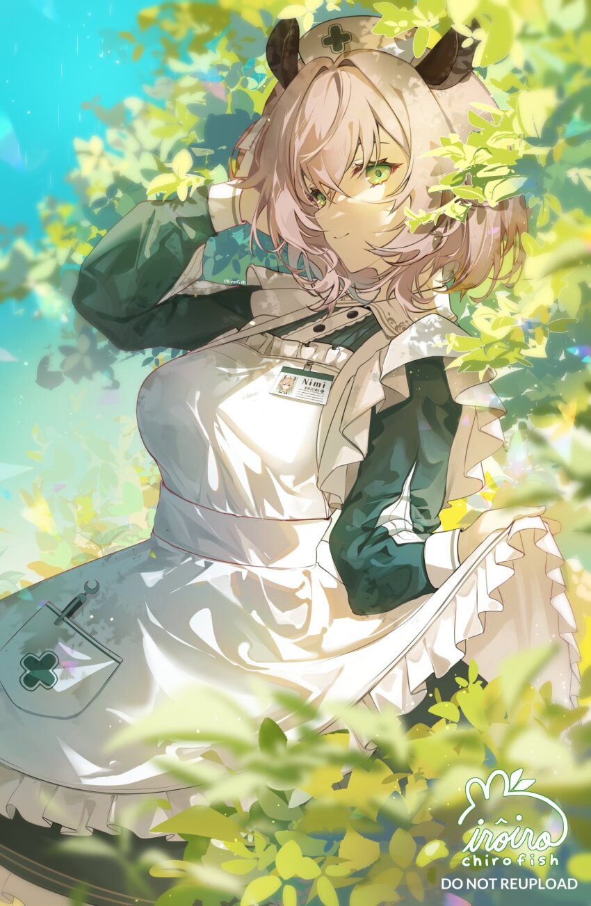1girl apron artist_name breasts brown_hair chiroyo cowboy_shot dress green_dress green_eyes hat highres indie_virtual_youtuber large_breasts nimi_nightmare nurse_cap short_hair solo virtual_youtuber white_apron