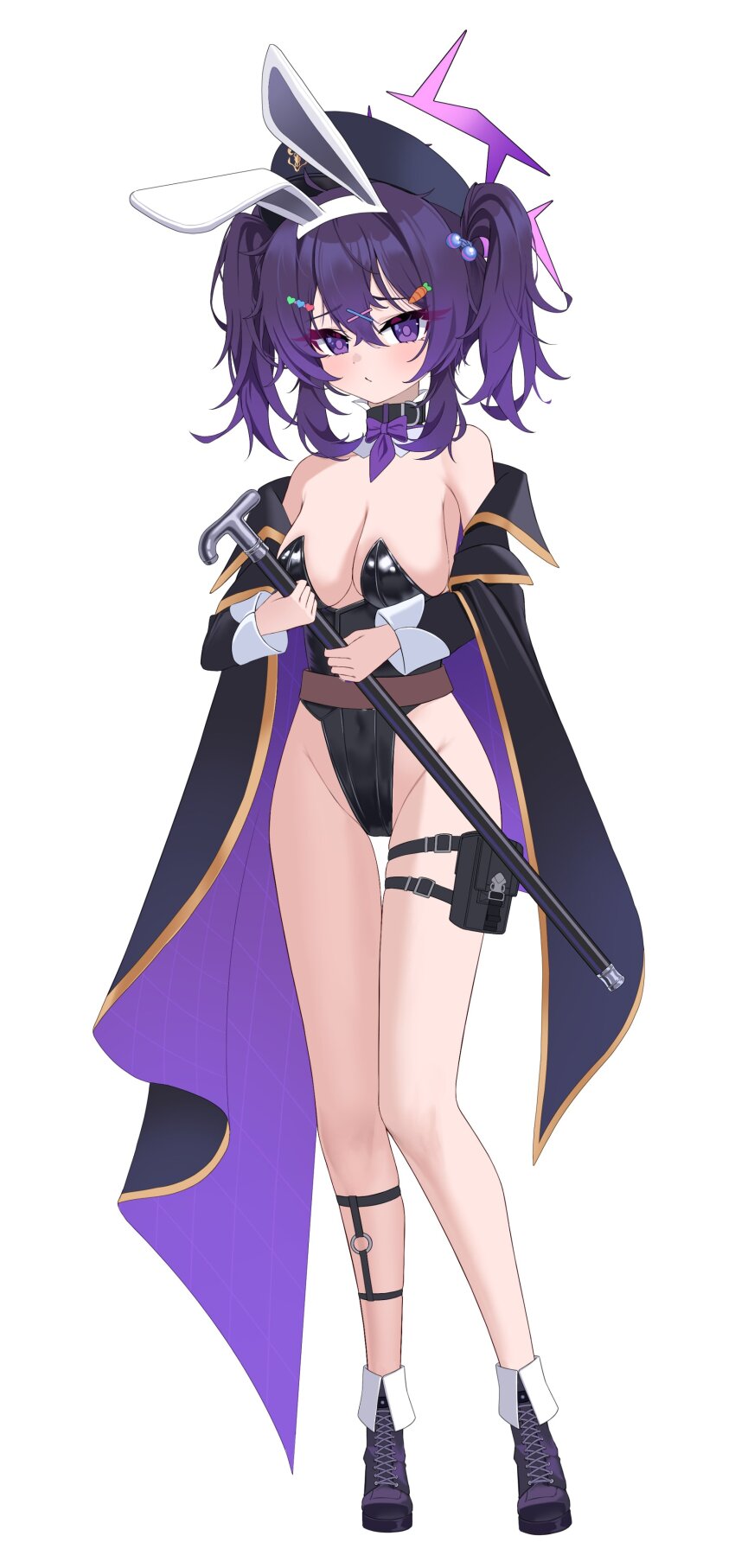 82jhin absurdres animal_ears belt blue_archive boots bow breasts cane choker cloak collar hair_ornament hairclip halo haruka_(blue_archive) hat highres large_breasts leotard off_shoulder playboy_bunny pouch purple_bow purple_eyes purple_hair purple_halo rabbit_ears simple_background thigh_gap thigh_pouch thigh_strap wrist_cuffs