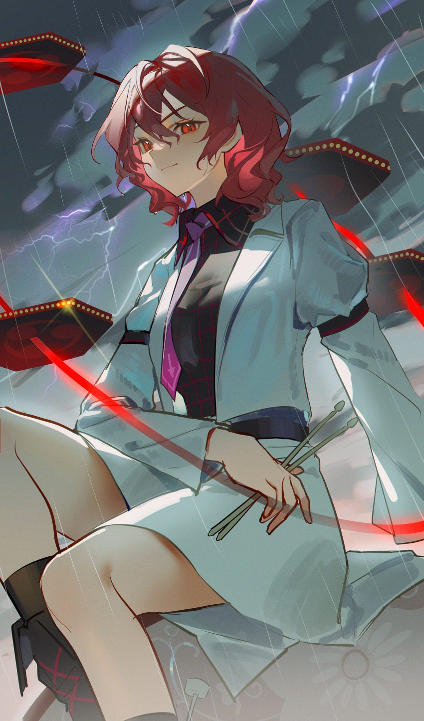 1girl absurdres black_boots black_shirt black_socks boots cloud cloudy_sky collared_shirt drum drum_set drumsticks ender_xiaohai from_below hair_between_eyes highres holding holding_drumsticks horikawa_raiko instrument jacket light_smile lightning long_sleeves medium_hair necktie open_clothes open_jacket plaid_clothes plaid_shirt purple_necktie rain red_eyes red_hair shirt sitting sitting_on_drum skirt sky socks solo touhou wavy_hair white_jacket white_skirt