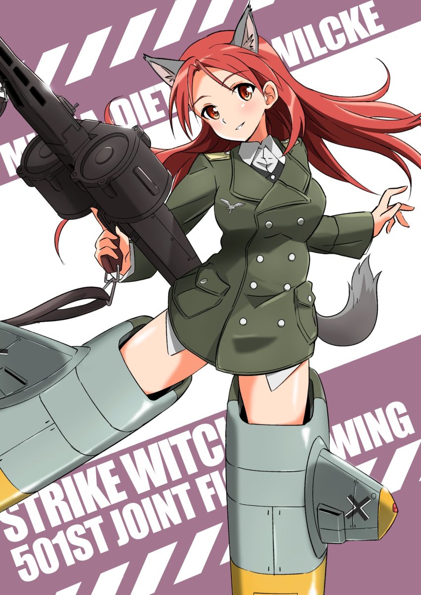 1girl animal_ears brown_hair character_name collared_shirt copyright_name double-drum_magazine drum_magazine full_body gun high-capacity_magazine highres jacket long_hair looking_at_viewer machine_gun magazine_(weapon) mg42 military military_jacket military_uniform minna-dietlinde_wilcke red_eyes saddle-drum shirt solo strike_witches striker_unit tail tricky_46 weapon wolf_ears wolf_tail world_witches_series