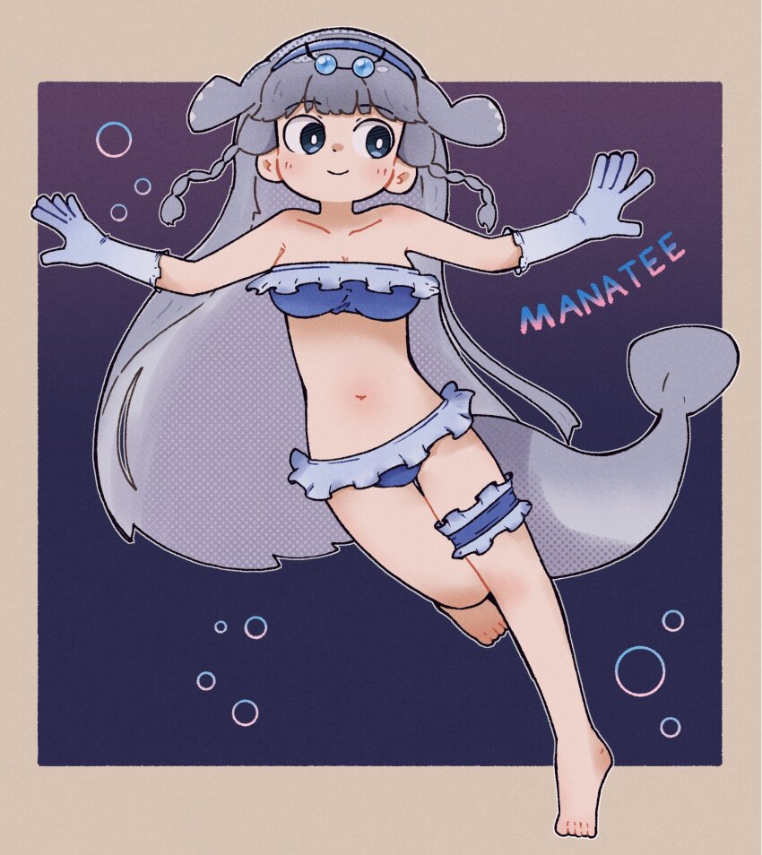 1girl american_manatee_(kemono_friends) bare_shoulders bikini blue_eyes fins frills full_body gloves grey_hair hair_ornament head_fins highres kemono_friends long_hair manatee_girl navel ocean simple_background solo sorairo_meronpan strapless swimsuit tail tube_top