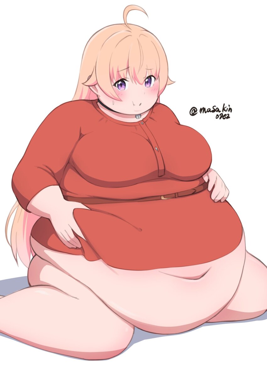 1girl ahoge belly belly_grab belt_around_waist big_belly blonde_hair blush bottomless breasts choker fat fat_woman hands_on_own_stomach highres large_breasts long_hair masakin midriff navel neck_bell obese orange_hair puffy_cheeks purple_eyes red_shirt shirt sitting smile solo sweat twitter_username wakatsuki_niko white_background witch_watch