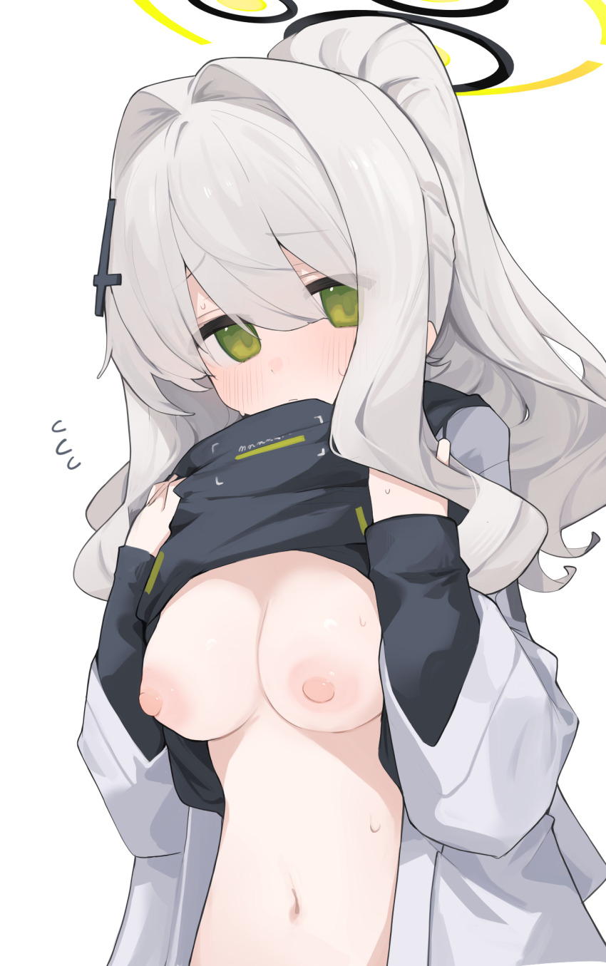 1girl black_hoodie blue_archive blush breasts clothes_lift embarrassed flying_sweatdrops green_eyes green_halo hair_between_eyes hair_intakes halo hare_(blue_archive) highres hood hoodie hoodie_lift jacket lifting_own_clothes long_hair long_sleeves looking_at_viewer medium_breasts mikozin navel open_clothes open_jacket ponytail puffy_nipples simple_background solo sweat upper_body white_background white_hair white_jacket