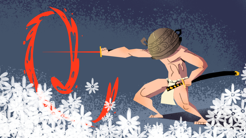 1boy attack barefoot blood blood_splatter commentary covered_face crossover elden_ring english_commentary field flower flower_field fundoshi hand_on_hilt highres holding holding_sword holding_weapon japanese_clothes katana let_me_solo_her loincloth male_focus muscular muscular_male pot_on_head revujo samurai_jack samurai_jack_(character) solo sword tarnished_(elden_ring) topless_male weapon white_flower