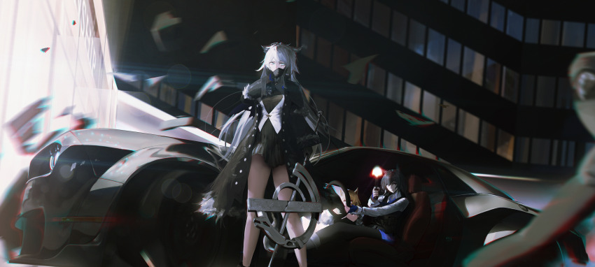 3girls absurdres animal_ear_fluff animal_ears arknights black_coat black_dress black_gloves black_hair black_pantyhose black_vest blonde_hair blue_gloves blue_necktie blue_shorts chromatic_aberration coat collared_shirt commentary dodge_challenger dodge_challenger_(3rd_generation) dress driving feet_out_of_frame fingerless_gloves firing gloves grey_eyes gun hair_between_eyes highres holding holding_gun holding_sword holding_weapon lappland_(arknights) lappland_(refined_horrormare)_(arknights) lsha messy_hair motion_blur multiple_girls necktie no_coat official_alternate_costume open_clothes open_coat pantyhose pantyhose_under_shorts parted_lips red_eyes scar scar_across_eye scar_on_face shirt shorts sidelocks sora_(arknights) sora_(melodiosa)_(arknights) sword tail texas_(arknights) texas_the_omertosa_(arknights) vest weapon white_hair white_shirt wiping_mouth wolf_ears wolf_girl wolf_tail