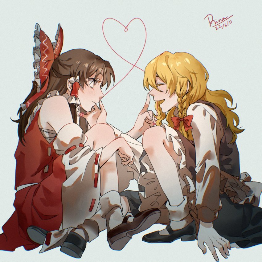 2girls aihara-rina apron bare_shoulders black_footwear black_skirt blonde_hair blush bow brown_hair closed_eyes dated detached_sleeves face-to-face finger_to_own_nose fingernails frilled_apron frilled_hair_tubes frills full_body grey_background hair_bow hair_ribbon hair_tubes hakurei_reimu happy heart heart_of_string highres index_finger_raised kirisame_marisa long_hair long_sleeves looking_at_another mary_janes multiple_girls no_headwear nontraditional_miko parted_lips red_bow red_ribbon red_skirt ribbon sarashi shoes sidelocks signature simple_background sitting skirt sleeve_cuffs smile socks string string_of_fate touhou tress_ribbon white_apron white_socks wide_sleeves