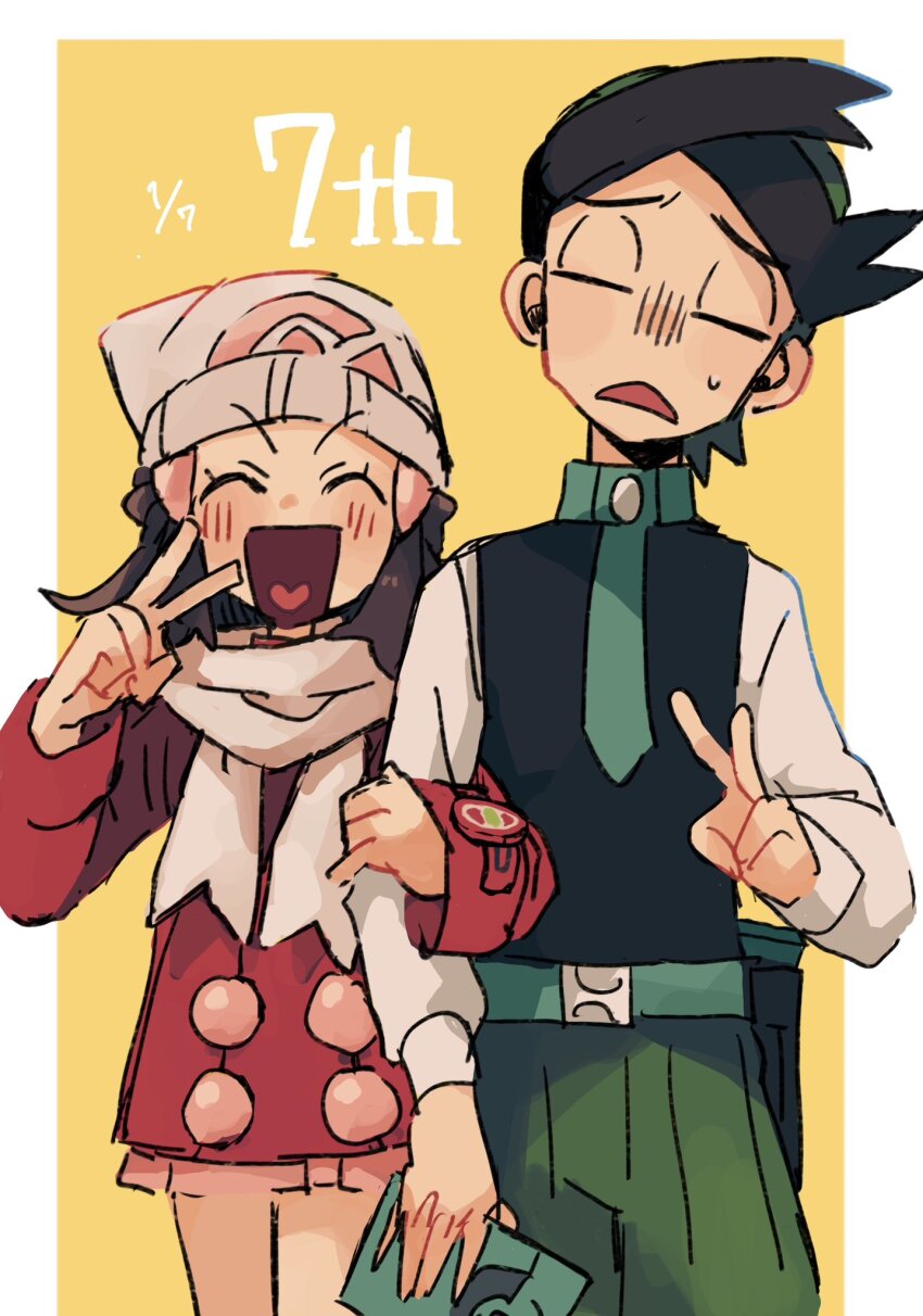1boy 1girl :d beanie belt black_hair black_shirt blush closed_eyes coat exasperation frown green_belt green_hair green_necktie green_pants hair_ornament hairclip hat heart highres holding_another&#039;s_arm looking_at_viewer multicolored_hair necktie nintendo open_mouth pants pink_coat pink_skirt pokemon pokemon_dppt pokemon_platinum scarf shirt skirt smile sweatdrop thorton_(pokemon) two-tone_hair two-tone_shirt v watch white_background white_scarf white_shirt wristwatch yellow_background yusho_(ossm03)