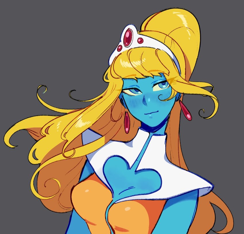 1girl blonde_hair blue_eyes blue_skin breasts cleavage_cutout clothing_cutout colored_skin daft_punk dress earrings highres interstella_5555 jewelry long_hair looking_to_the_side orange_dress ponytail stella_(interstella_5555) tiara two-tone_dress white_dress zambiie
