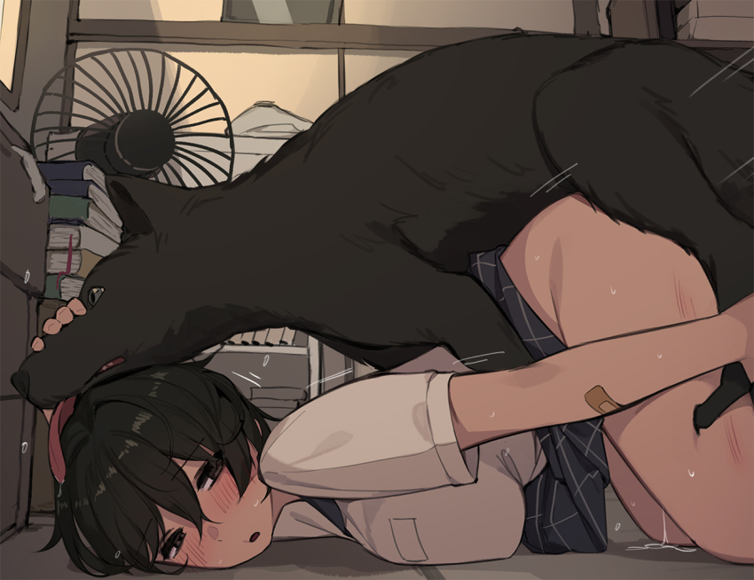 1boy 1girl animal arm_at_side bandaid bandaid_on_arm bestiality black_eyes black_fur black_hair blush book book_stack bookshelf bottomless box breast_pocket breast_press breasts brown_hair character_request clothed_female_nude_male clothes_lift dog electric_fan feet_out_of_frame from_side hair_between_eyes hand_on_another&#039;s_face hetero indoors jitome knotting large_breasts looking_at_viewer motion_lines nude on_floor open_mouth original parted_lips pepper0 petting pocket pussy_juice school_uniform scratches sex sex_from_behind shirt short_hair short_sleeves skirt skirt_lift tongue tongue_out top-down_bottom-up white_shirt window